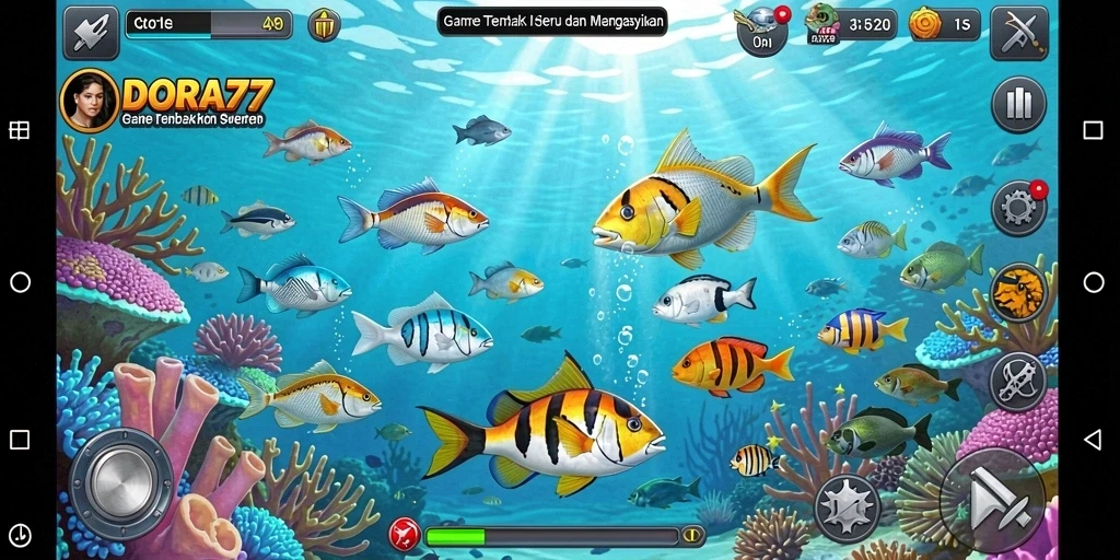 Tampilan gameplay DORA77 saat menyerang ikan berwarna-warni.