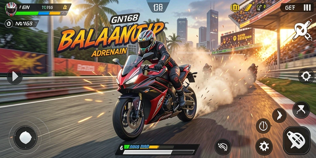 Tampilan grafik mendetail dari gameplay balapan motor GN168.