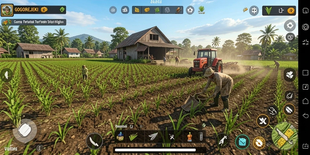 Screenshot GOGOREJEKI menampilkan suasana pertanian yang hidup dan menarik.