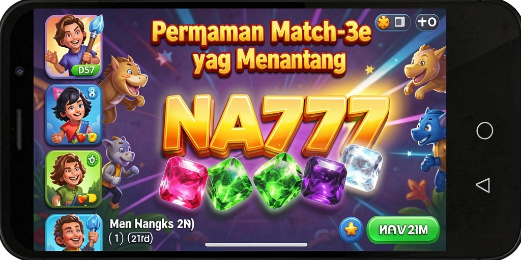 Screenshot gameplay NA777 yang menampilkan kombinasi warna-warni dalam Match-3.