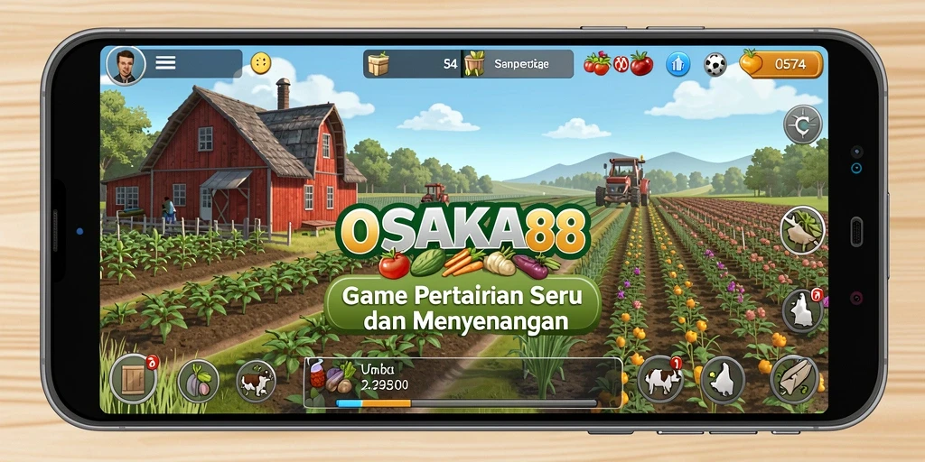 Screenshot gameplay OSAKA88 menampilkan ladang pertanian yang subur dan berwarna.